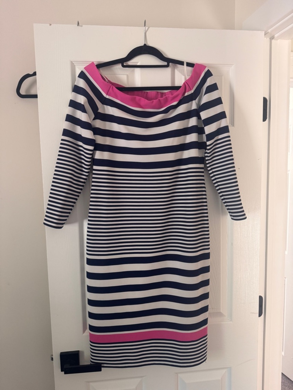 Striped Off The Shoulder Sheath Dress with Pink Trim